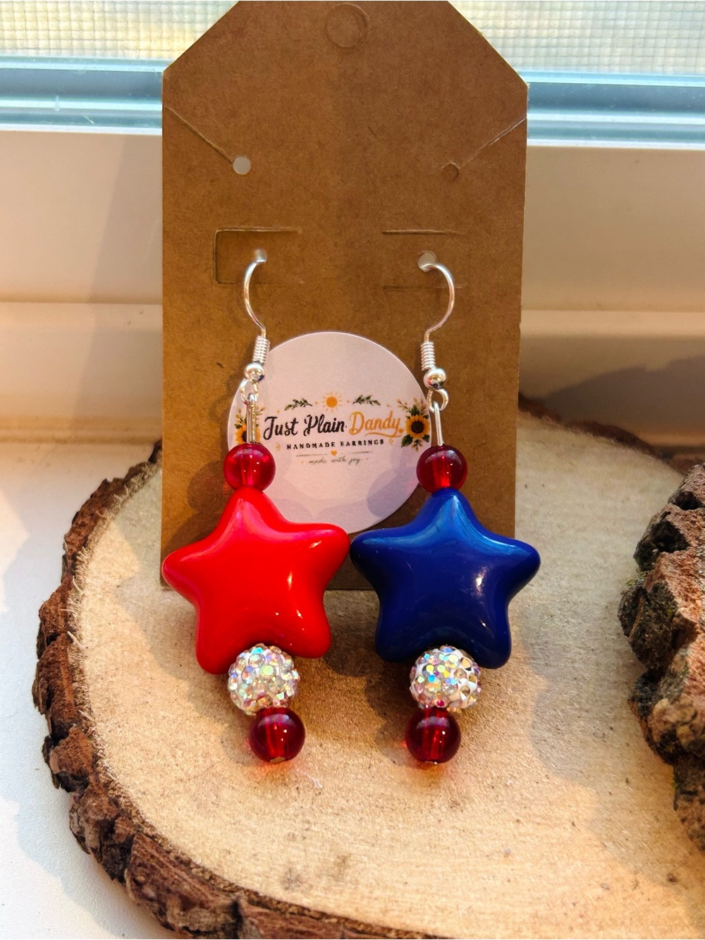 Red Blue Patriotic Star Dangle Earrings Fourth of July USA